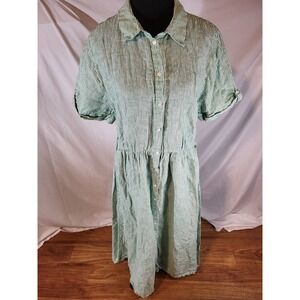 Monoprix Premium 100% Linen Striped  Green & White Shirt Dress Size 46 Read